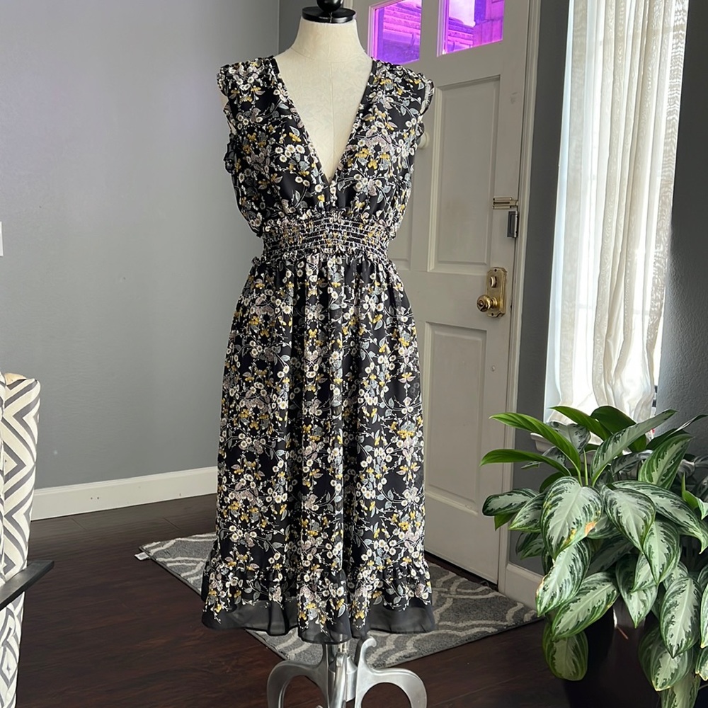 Max Studio Floral Print Smocked Waist Midi Dress